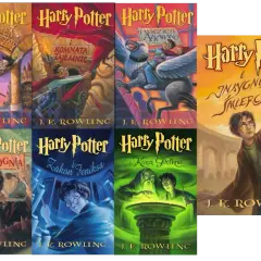 Okładki książek z serii Harry Potter: Kamień Filozoficzny, Komnata Tajemnic, Więzień Azkabanu, Czara Ognia, Zakon Feniksa, Książę Półkrwi i Insygnia Śmierci.