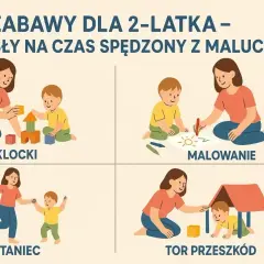 Zabawy dla 2-latka: budowanie z klocków, malowanie, taniec i tor przeszkód. Rozwijają kreatywność i koordynację.