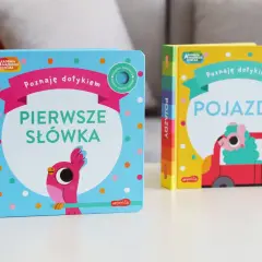 Dwie książeczki z serii Akademia Mądrego Dziecka: "Pierwsze słówka" z ptaszkiem i "Pojazdy" z uroczym stworkiem w czerwonym aucie.