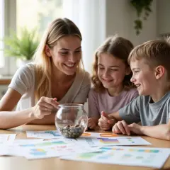 Mama z dziećmi przy stole uczy się edukacji finansowej dzieci, patrząc na schematy i słoik z monetami.