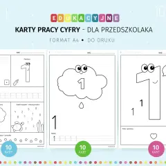 Karty pracy do nauki cyfry 1 dla przedszkolaka. Zawierają ćwiczenia z pisania, kolorowania i liczenia.