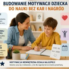 Jak zachęcić dziecko do nauki? Kobieta i chłopiec przy biurku, nauka z ciekawości, a nie dla nagród.