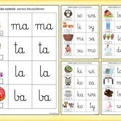 Pomoc w nauce czytania sylabami: mama, tata, lala, baba, sowa, lis, misa, sumo, buda, woda, lody, dama, kiwi, koza, kawa, koty, tama, meta, buty, wata.