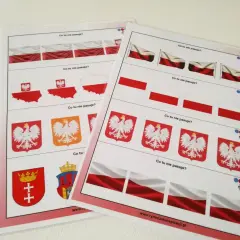 Zabawy edukacyjne dla dzieci: polskie symbole narodowe, orzeł biały, flagi i godła.