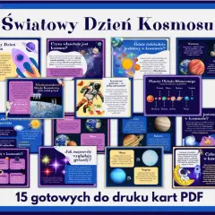 Materiały dydaktyczne w przedszkolu: karty PDF o kosmosie, planetach, gwiazdach i podróżach kosmicznych.