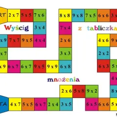 Gra planszowa "Wyścig z tabliczką mnożenia do 100". Dzieci rozwiązują działania, by dotrzeć do mety.