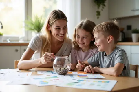 Mama z dziećmi przy stole uczy się edukacji finansowej dzieci, patrząc na schematy i słoik z monetami.