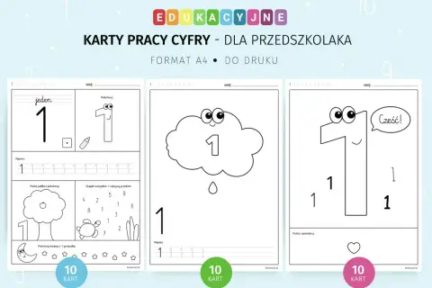 Karty pracy do nauki cyfry 1 dla przedszkolaka. Zawierają ćwiczenia z pisania, kolorowania i liczenia.