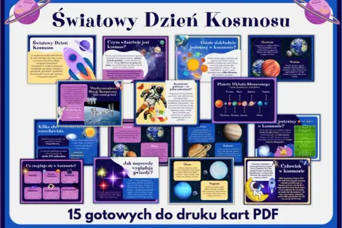 Materiały dydaktyczne w przedszkolu: karty PDF o kosmosie, planetach, gwiazdach i podróżach kosmicznych.