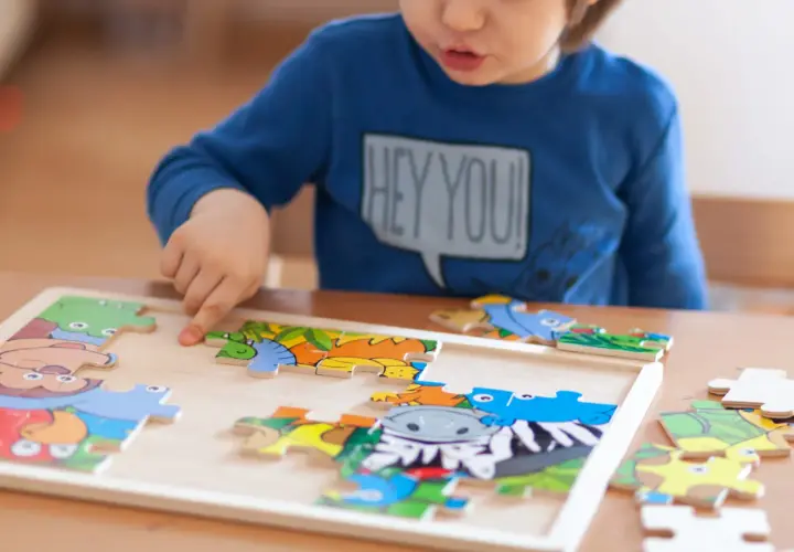 Chłopiec układa kolorowe puzzle z zwierzątkami. To świetne puzzle co rozwijają wyobraźnię i zdolności manualne.