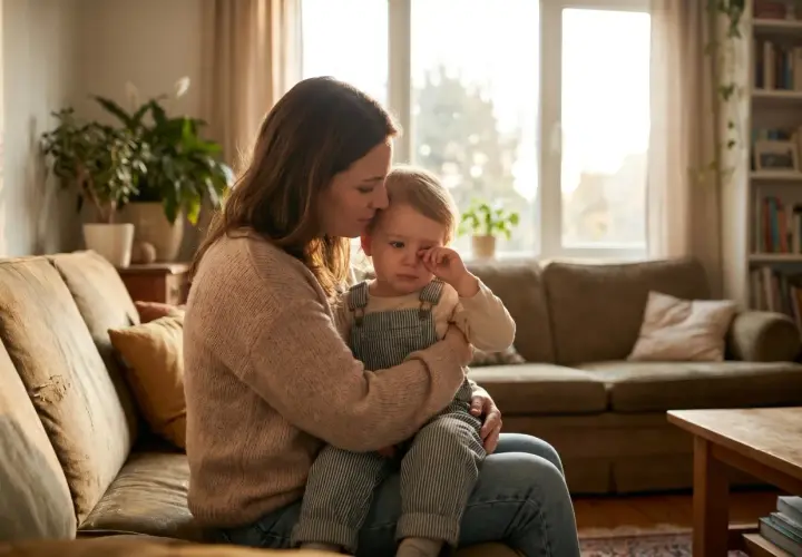 Mama pociesza płaczącego 3-latka, wspierając jego rozwój emocjonalny. Ciepło i bezpieczeństwo w domowym zaciszu.