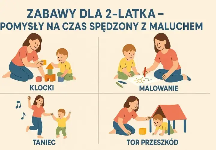 Zabawy dla 2-latka: budowanie z klocków, malowanie, taniec i tor przeszkód. Rozwijają kreatywność i koordynację.