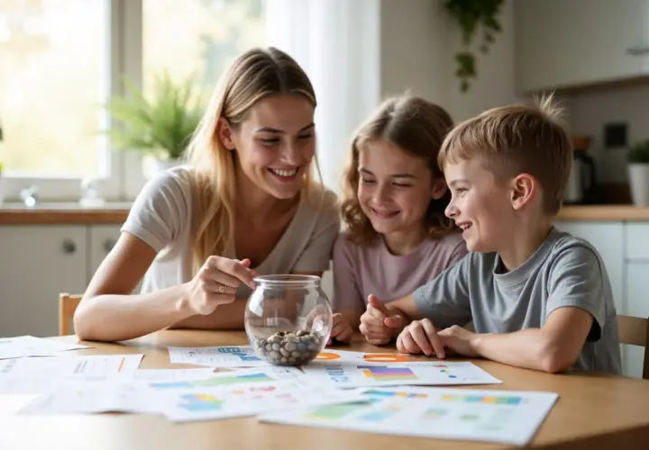 Mama z dziećmi przy stole uczy się edukacji finansowej dzieci, patrząc na schematy i słoik z monetami.