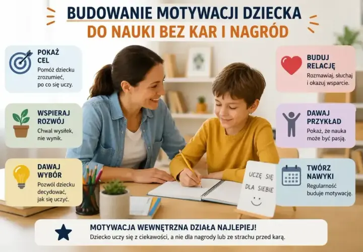 Jak zachęcić dziecko do nauki? Kobieta i chłopiec przy biurku, nauka z ciekawości, a nie dla nagród.