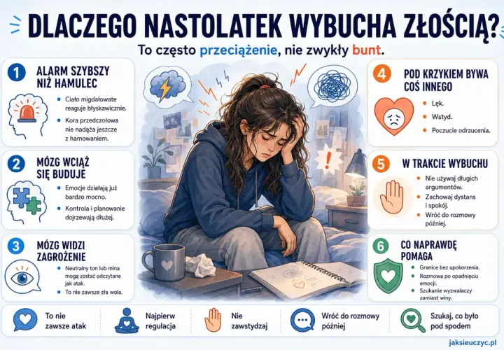 Ilustracja pokazuje nastolatka zmagającego się z emocjami. 10 latek nie radzi sobie z emocjami, co często jest przeciążeniem, a nie buntem.