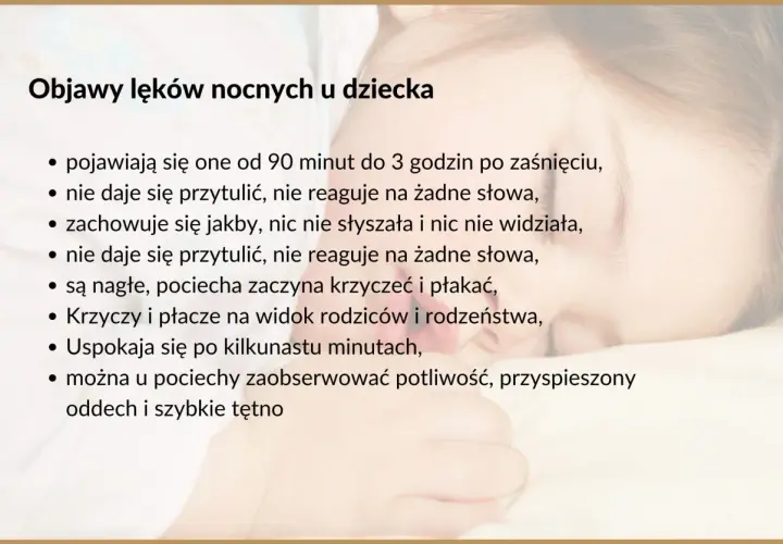 Objawy lęków nocnych u 8 latka: dziecko nie reaguje, krzyczy, płacze, jest spocone.