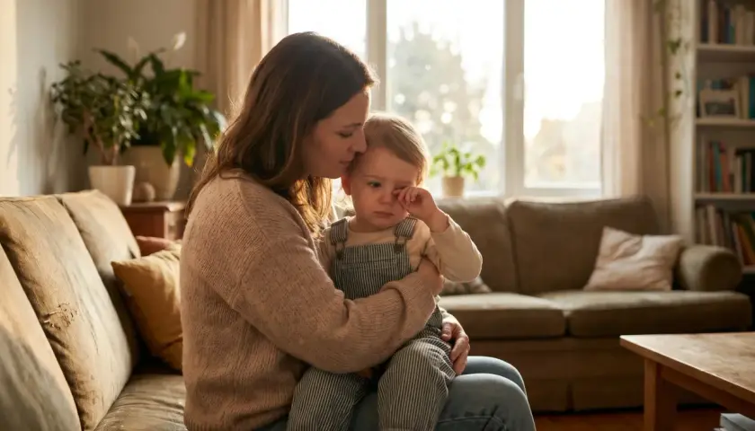 Mama pociesza płaczącego 3-latka, wspierając jego rozwój emocjonalny. Ciepło i bezpieczeństwo w domowym zaciszu.