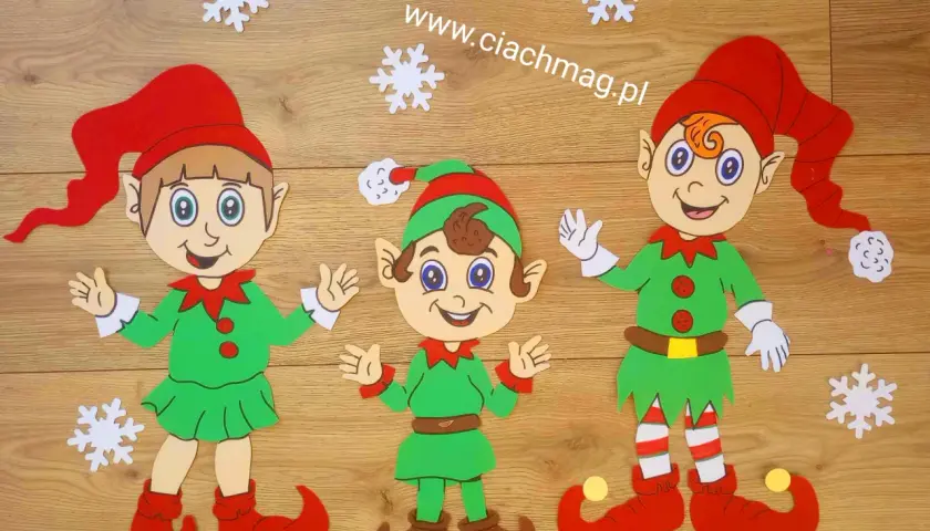 Trzy uśmiechnięte elfy w zielonych strojach i czerwonych czapkach, gotowe do świątecznych przygotowań. Jak zrobić elfa?
