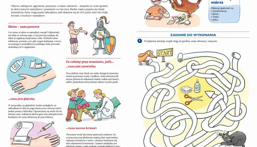 Ilustracje pokazują, jak udzielić pierwszej pomocy dzieciom przy ranach. Materiały do nauki pierwszej pomocy dla dzieci.