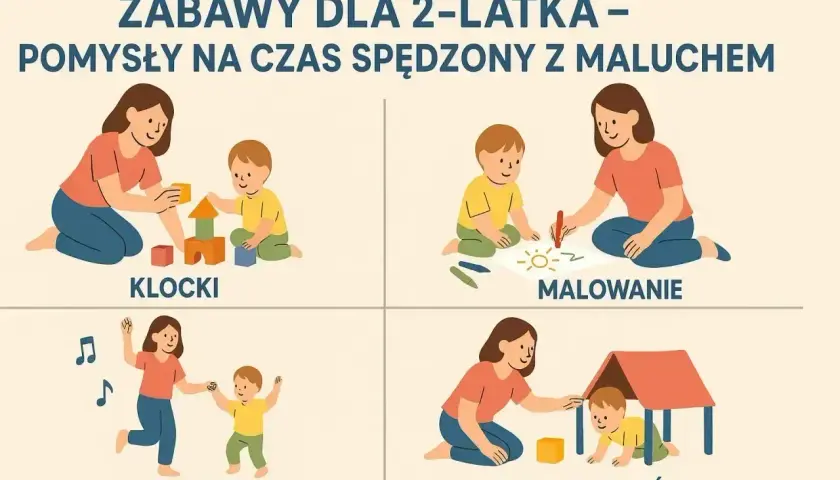 Zabawy dla 2-latka: budowanie z klocków, malowanie, taniec i tor przeszkód. Rozwijają kreatywność i koordynację.