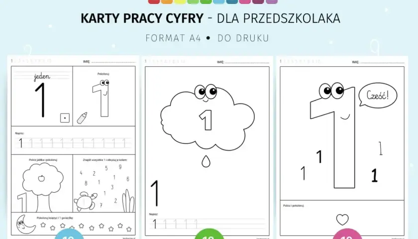 Karty pracy do nauki cyfry 1 dla przedszkolaka. Zawierają ćwiczenia z pisania, kolorowania i liczenia.