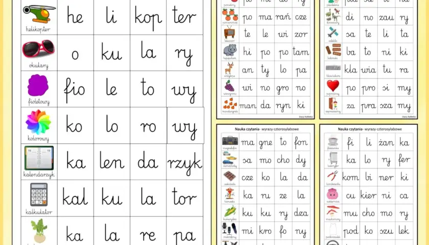 Pomoc w nauce czytania do druku: karty z sylabami i obrazkami do tworzenia wyrazów czterosylabowych.