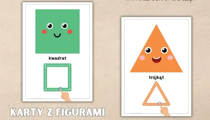 Karty z figurami: wesoły zielony kwadrat i pomarańczowy trójkąt zachęcają do nauki kształtów. Ta praca plastyczna z figur geometrycznych to świetna zabawa.