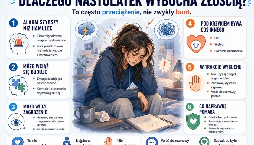 Ilustracja pokazuje nastolatka zmagającego się z emocjami. 10 latek nie radzi sobie z emocjami, co często jest przeciążeniem, a nie buntem.