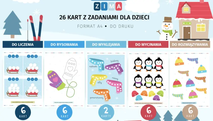Zimowe karty pracy dla dzieci: liczenie, rysowanie, wyklejanie, wycinanie i rozwiązywanie zadań.