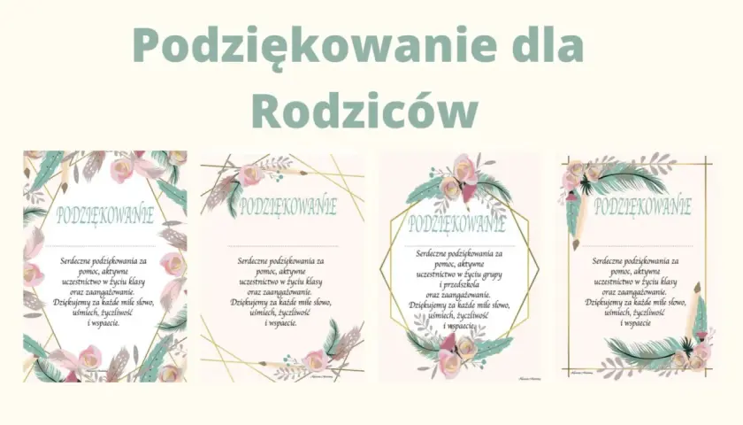 Urocze kartki z podziękowaniami dla rodziców od nauczycieli przedszkola, ozdobione piórkami i kwiatami.