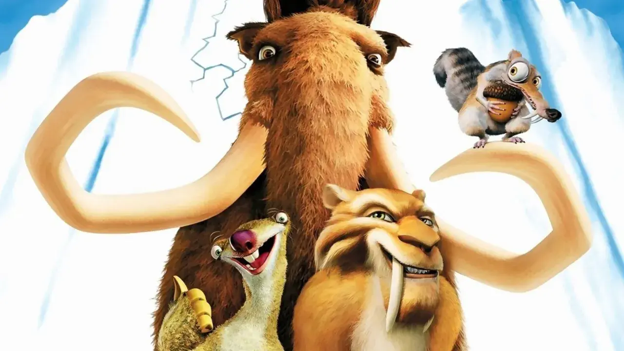 Manny, Sid, Diego i Diego z epoki lodowcowej części, z wiewiórką trzymającą żołądź.