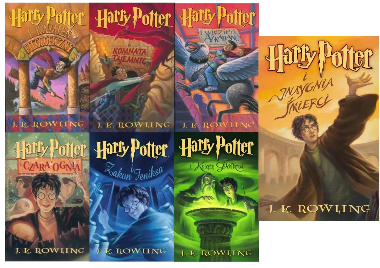 Okładki książek z serii Harry Potter: Kamień Filozoficzny, Komnata Tajemnic, Więzień Azkabanu, Czara Ognia, Zakon Feniksa, Książę Półkrwi i Insygnia Śmierci.