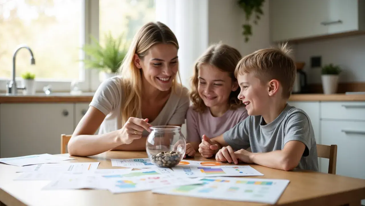 Mama z dziećmi przy stole uczy się edukacji finansowej dzieci, patrząc na schematy i słoik z monetami.
