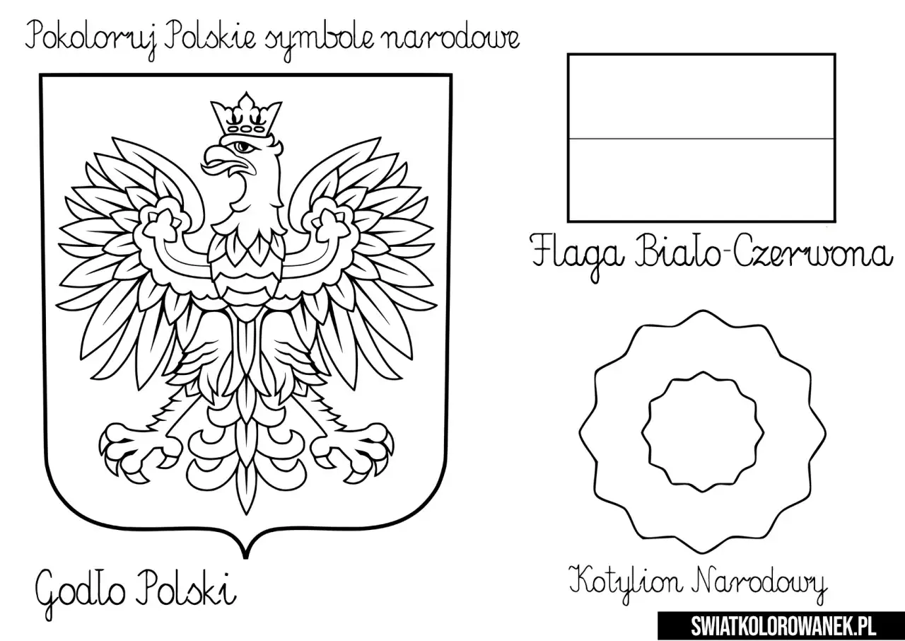 Godło Polski, flaga biało-czerwona i kotylion narodowy – to polskie symbole narodowe do pokolorowania.