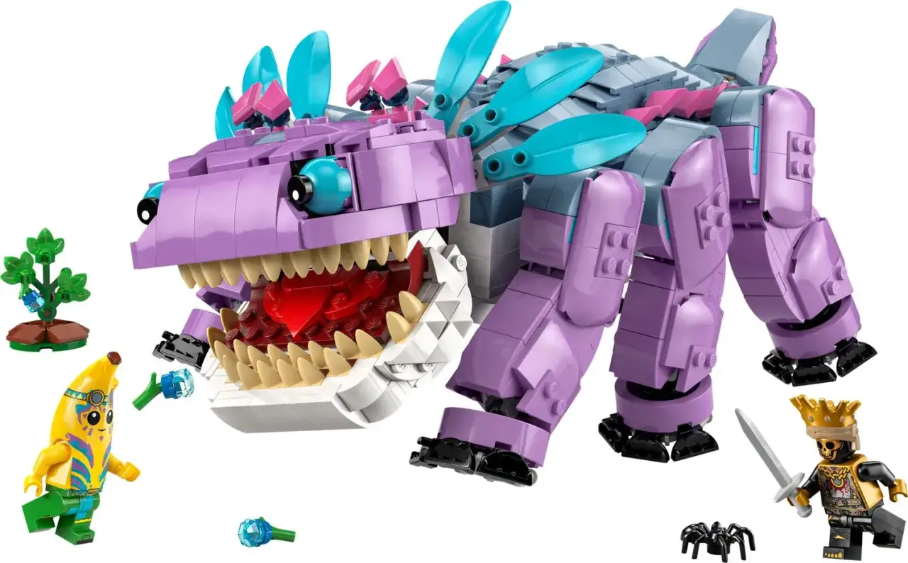 Fioletowy potwór LEGO z zębami, bananowy ludzik, król i pająk.