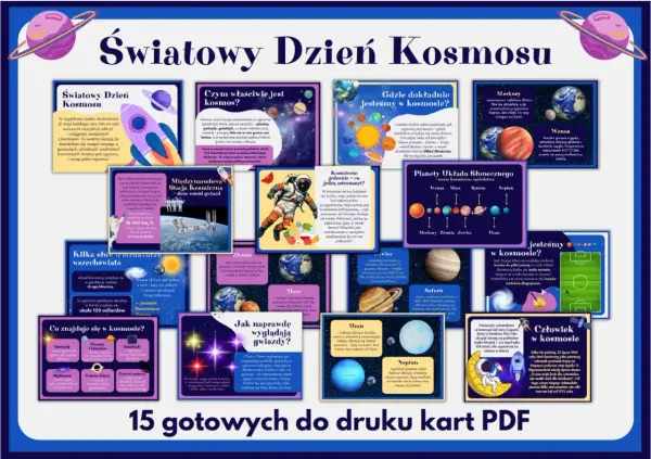 Kosmos pomoce dydaktyczne: kolorowa plansza edukacyjna o kosmosie, planetach, gwiazdach i podróżach kosmicznych.